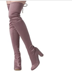 New Mauve Satin Fitted Thigh High Boot
